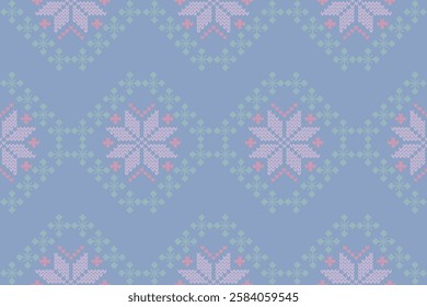 A seamless Nordic-style knitted pattern in pastel colors, featuring pink and light blue snowflake-like geometric motifs on a soft blue background. 