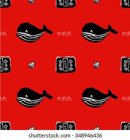 Seamless Northern tribes ethno pattern with whales. Black, red, white colors.