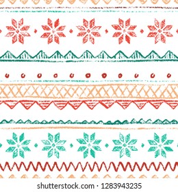 Seamless norwegian star knitting pattern. Scandinavian boundless background. Vector red and green hand-drawn illustration.
