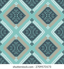Patrón de suéter noruego sin costuras con motivos tradicionales de copos de nieve y renos en verde azulado, coral y azul marino: textura de punto de isla de feria de Vector para el diseño de moda y Navidades de invierno