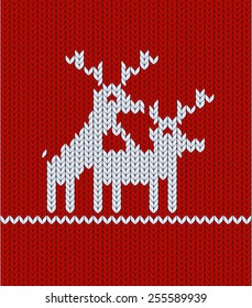 Seamless norwegian texture. Love between a deer. Red vector pattern. Wool vinous background.