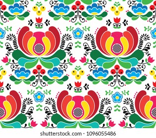 Seamless Norwegian vector folk art pattern - Rosemaling style embroidery background.
Scandinavian repetitive ornament of floral folk art from Norway  on white  

