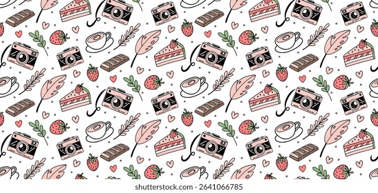 Seamless nostalgic pattern with multiple retro elements like  cameras, chocolates, leaves, strawberries, cake, cup of coffee in vintage doodle style. Vector illustration.