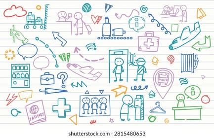 A seamless notebook paper pattern featuring body check gates, carry-on bag scans, coin vending, lost and found, and bus stops with arrow lines.