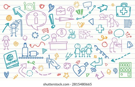 A seamless notebook paper pattern presenting information desks, passport checks, emergency exits, drinking fountains, and lost property icons with arrow details.