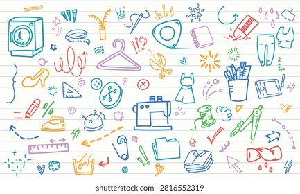 A seamless notebook paper pattern presenting sewing machines, clothes hangers, washing machines, irons, and fashion craft accessories with arrow lines.