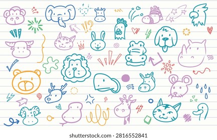 A seamless notebook paper pattern presenting adorable animal heads, wildlife nature concepts, and fauna education elements with arrow lines.