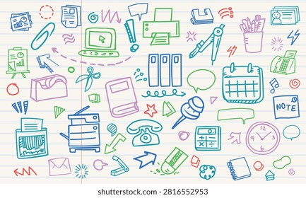 A seamless notebook paper pattern presenting office desk tools, paper shredder equipment, computer setup, and stationery supplies with arrow lines.
