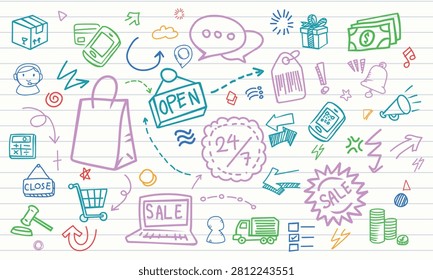 A seamless notebook paper pattern of twenty four seven customer helpline services, global shipment, and online checkout doodles.
