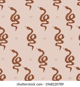 Seamless nudes color pattern with snakes and doodle stars. Wild West theme.  Simple childish  style perfect for textiles, baby shower fabrics, digital paper, fashion.