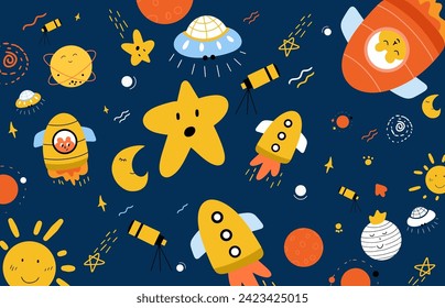 Seamless Nursery Abstract Pattern Childish Drawing with cute astronomy theme for nursery decor wallpaper textile print fabric wrapping paper