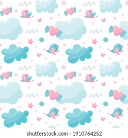 Seamless nursery cute vector pattern with birds, cloud, heart with wings, stars for kids. Baby textile, nursery art, valentine's day