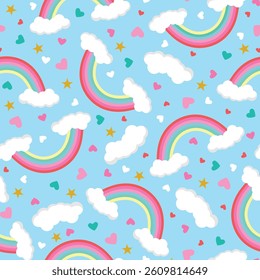 seamless nursery pastel rainbow pattern with clouds hearts and stars. pink, teal, red, yellow, white, sky blue colors