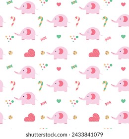 Seamless nursery pattern with baby elephants. Pink pattern with candies. Perfect for kids design, children room decoration, greeting card design, fabric print ,wrapping paper design, baby shower.