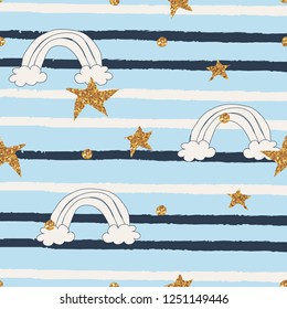 Seamless nursery pattern for childrens with rainbow and stars. Scandinavian style fashionable template for design. Vector illustration.