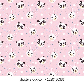 Patrón de vivero sin soldadura con animales lindos cara huella vectorial para tela, envoltura, textil, papel de pared, ropa sobre fondo rosa
