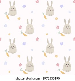 Seamless nursery pattern with cute bunny, flowers and carrot. Vector illustration in scandinavian style,   textile, texture for fabric, wallpaper, wrapping paper