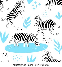 Seamless nursery pattern with cute zebras. Vector illustration for fabric, packaging, textile, wallpaper, clothes.