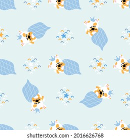 Seamless Nursery Pattern Dog. Handdraw Cute Sleeping Animal With Crown. Blue Kids Background. Vector Children  Backdrop. Wallpaper, Wrapping, Textile Print, Fabric. Baby Concept