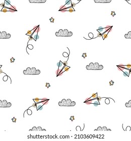 Seamless Nursery Pattern With Folded Paper Airplanes Cute Textures For Baby Bedding, Fabrics, Wallpaper, Wrapping Paper, Textiles, T-shirt Printing