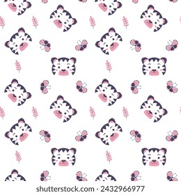 Seamless nursery pattern with little tigers. Monochrome seamless pattern with butterflies and leaves. Perfect for kids design, children room decoration, greeting card design, fabric print, clipart.