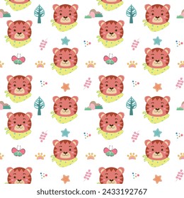 Seamless nursery pattern with little tigers. Childish pattern with butterflies and leaves. Perfect for kids design, children room decoration, greeting card design, fabric print, wallpaper, 