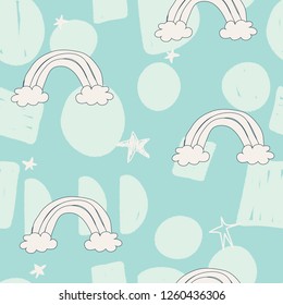 Seamless nursery pattern with stars and rainbows for children. Scandinavian style fashionable template for design. Vector illustration.