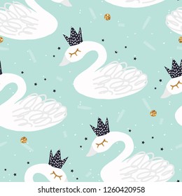 Seamless nursery pattern with swan. Scandinavian style fashionable template for design. Vector illustration.