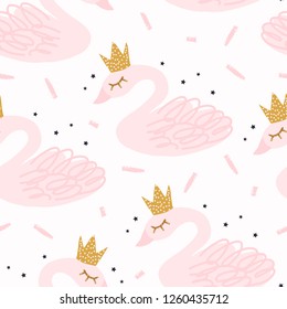 Seamless nursery pattern with swan. Scandinavian style fashionable template for design. Vector illustration.