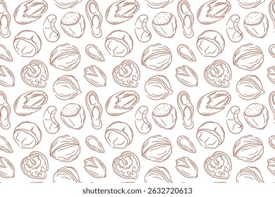 Seamless nut pattern in line art style. Almond, walnut, cashew, hazelnut, macadamia, pecan, peanut and pistachio on white background. Perfect for food packaging, organic snack and kitchen decor.