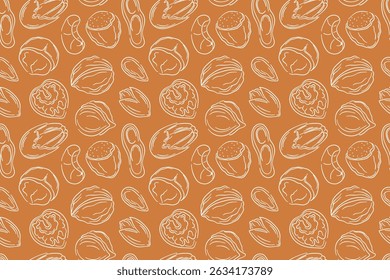 Padrão de porca uniforme em estilo de arte de linha em fundo marrom. Amêndoa, noz, caju, avelã, macadâmia, noz-pecã, amendoim e pistácio. Ideal para embalagem de alimentos, restaurante menu cozinha papel de parede.