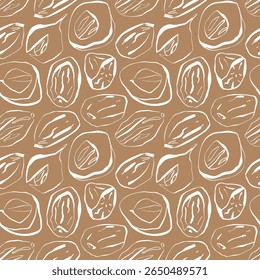 Seamless nutmeg spice pattern in line art style on beige background for organic packaging and branding
