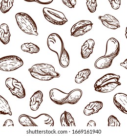 seamless nuts and fried potato chips pattern isolated on white. snack background in engraved vintage style. Sketch illustration of beer appetizer. peanuts, pistachio, potato crisps doodles wallpaper