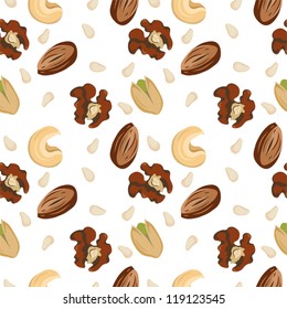 Seamless nuts pattern: walnut, pistachio, cashew, almond, pine nut.