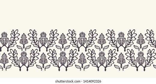 Seamless oak leaf thistle vector border pattern. Stylized hand drawn nature trim. Repeating tileable foliage edge washi tap. Ornamental damask style. Monochrome surface design textile, art home decor.