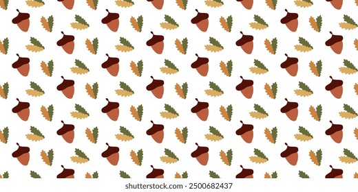 Seamless oak pattern. Acorns and leaves. Vector background with Isolated Botany element on white. Template for Autumn Print on Textile, Fabric, Cover, Thanksgiving Celebration Gift Wrapping Paper