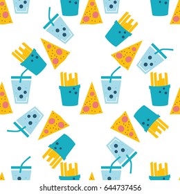 Seamless obesity pattern. Website colorful background. Template for menu of fast food restaurant or unhealthy lifestyle infographics.