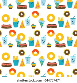 Seamless obesity pattern. Website colorful background. Template for menu of fast food restaurant or unhealthy lifestyle infographics.
