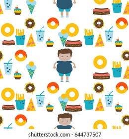 Seamless obesity pattern. Website colorful background. Template for menu of fast food restaurant or unhealthy lifestyle infographics.