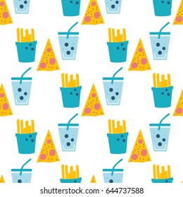 Seamless obesity pattern. Website colorful background. Template for menu of fast food restaurant or unhealthy lifestyle infographics.