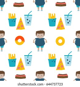 Seamless obesity pattern. Website colorful background. Template for menu of fast food restaurant or unhealthy lifestyle infographics.