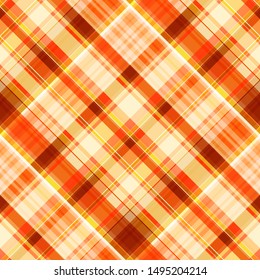 Seamless oblique diagonal cage pattern. Checkered pattern of orange, lemon cream, red and white stripes, plaid. Great for decorating fabrics, textiles, gift wrapping, printed materials, advertising.