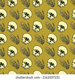 seamless oblique pattern of skull and hands on dark yellow background. Vector Happy Halloween greeting card and trick or treat.