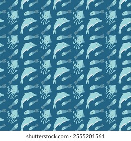 Seamless ocean animal pattern with octopus, whale, and squid on blue background.