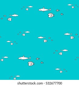 Seamless ocean animals pattern on blue background. Funny fish, shark. White, black colors. For prints, kids, textile, designs.