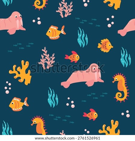Seamless ocean animals pattern with walrus fish and seahorse marine dark background