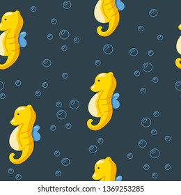 Seamless ocean animals vector repeat pattern with seahorse. Perfect for wrapping paper, fabric, wallpaper background design. Cute sea creatures design for baby clothes, textile