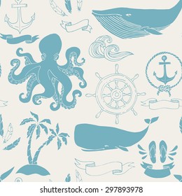 Seamless ocean art pattern. Nautical elements design. Cool vector sea related design. Hand drawn designs.