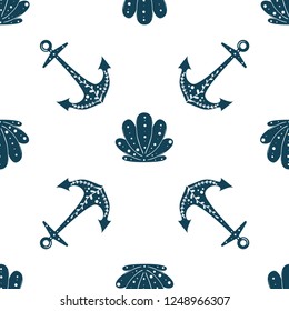 Seamless ocean background with anchor and shells. Summer vector design. For pattern fills, wallpaper, print for clothers, For pattern fills, wallpaper, print for clothers, wrapping paper