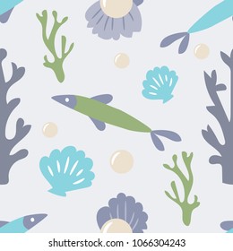 Seamless ocean background with fish coral shell and pearl. Tiled underwater background design. Flat vector illustrated blue water wrapping paper
